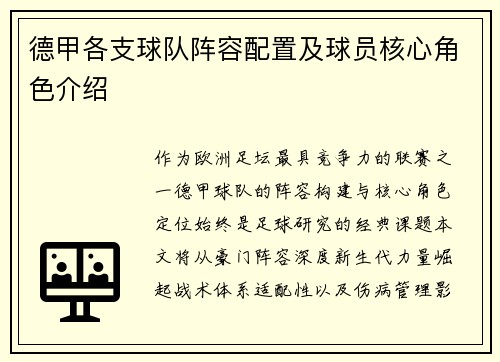 德甲各支球队阵容配置及球员核心角色介绍