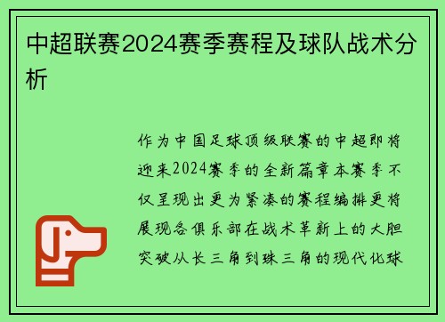 中超联赛2024赛季赛程及球队战术分析